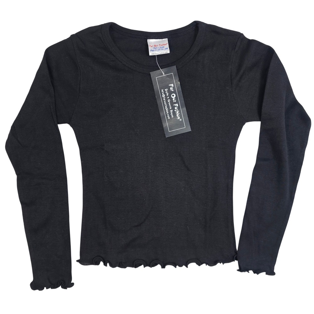 Far‎ Out Fashion Womens Small Black Long Sleeve Ribbed Lettuce Edge Cotton Top